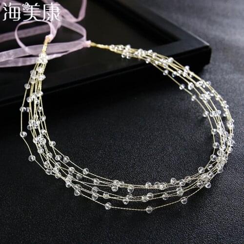 Haimeikang Shiny Headband Multilayered Crystal Bead Bridal Wedding Head Piece Bride Headwear Lace Up White Beads Hair Accessory