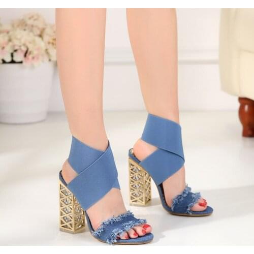 Fashion Black Blue Denim Women Sandals Clear Heel Crystal Elastic Band Pumps Sandals Rome Sandals for Women