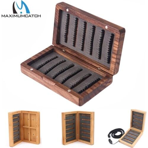 Maximumcatch High Quality Natural Wooden Fly Fishing Box with Slit foam Insert Hooks Storage Fly Box