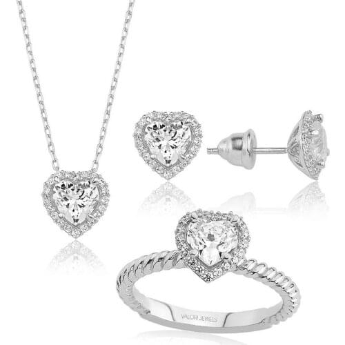 Valori Jewels 3 Carat, Zirconia White Heart Gemstone, Rhodium Plated, Sterling Silver Trio Set