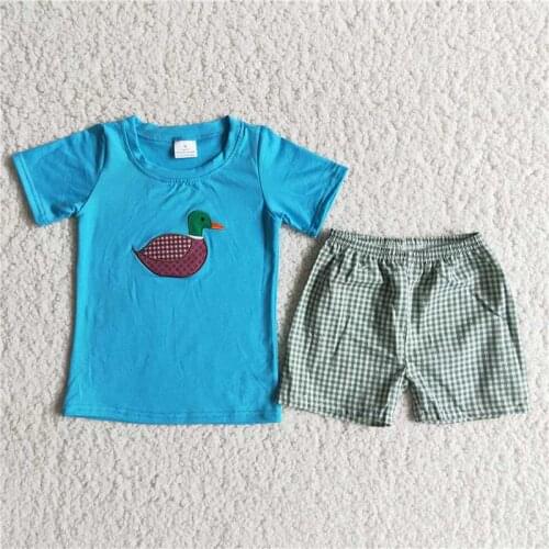 Toddler baby boy clothes duck embroidery cotton top shirt woven Seersucker Plaid shorts high quality 2pcs