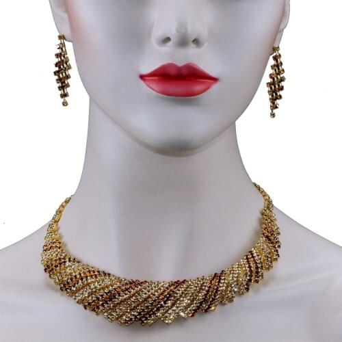 Chran Classic Design Brown Rhinestone Bridal Wedding Necklace Earrings Jewelry Set for Women