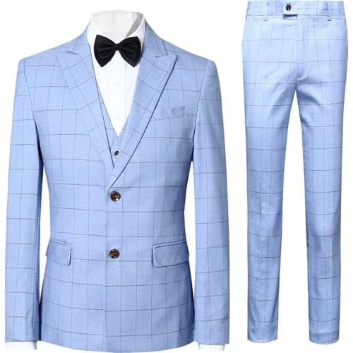 Men Check Suits Slim New Fashion Formal Casual Suit Business Office Work Daily Life Wedding Groom 3 Pieces Sky Blue Light Yellow