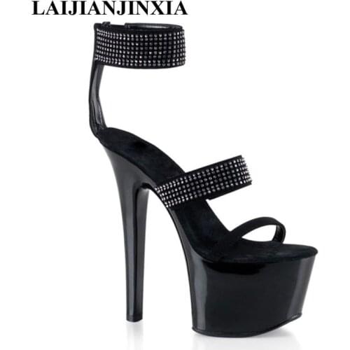 New 15 cm heel height, sequinned upper, womens sexy black sandals, dancing shoes