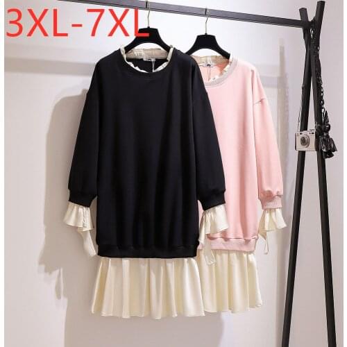 New Ladies Autumn Winter Plus Size Dress For Women Large Bell Sleeve Loose Black Pink Cotton Pleated Dress 3XL 4XL 5XL 6XL 7XL