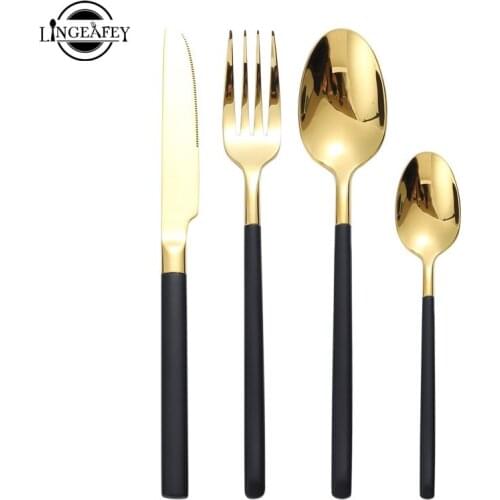 New Stainless Steel Black Gold Kitchen Cutlery Set 24pcs/set Fork Spoon Knife Set Dinnerware Portable Tableware Dropshipping