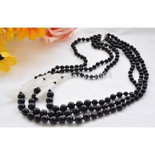 3row 24" carve daffodil white black Beautiful bead necklace