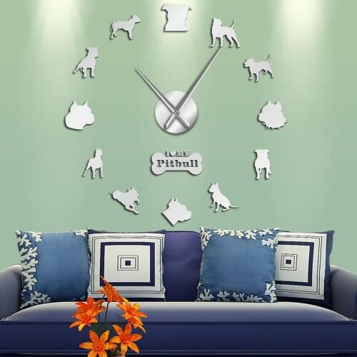 Pit Bull Large Frameless 3D DIY Wall Clock Dog Breed Pitties Home Deocr Self Adhesive Mirror Surface Pit Bull Dog Lover Gifts
