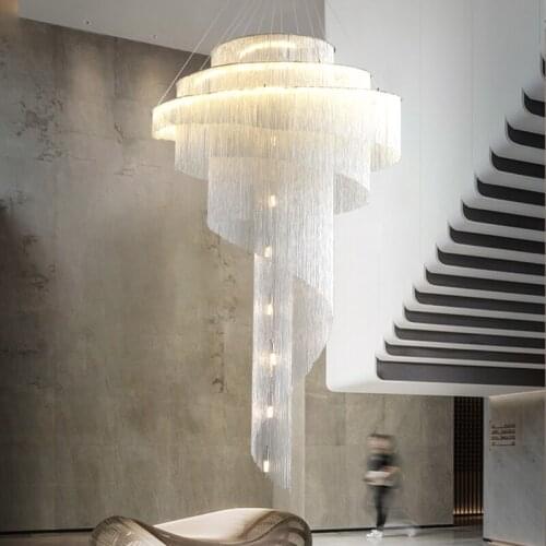 Post-modern light luxury duplex building large chandelier empty living room tassel villa spiral staircase long chandelier