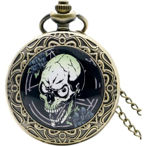 Retro Steampunk Gothic Style Vintage Cool Evil Skull Pattern Bronze Zombie Case Quartz Pocket Watch Chain Necklace Best Pendant