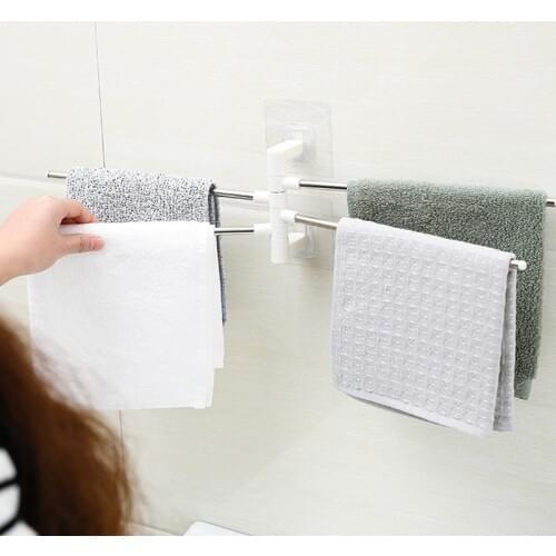 Self-Adhesive Adjustable Stainless Steel Towel Rack 4-Rotary Multifunctional Kitchen Bathroom Wall Mounted Storage Rack