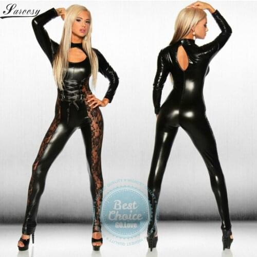 Sexy Lingerie for Women Adjustable Waist and Neck Black Glossy Bodysuit Lace Double Side Detail Elastic PU Fabric Plus Size