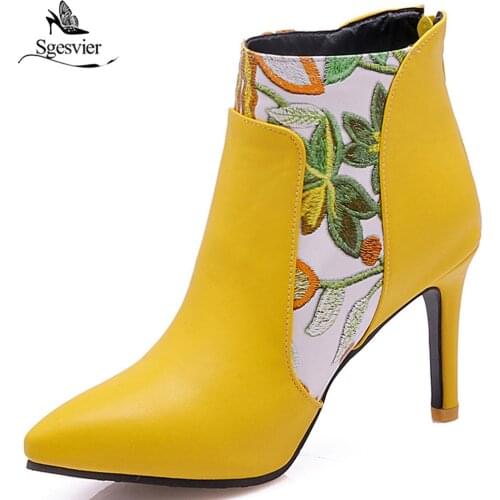 Sgesvier Autumn Winter Women Brand Shoes Fashion Embroidery High Heel Pointed Toe Short Ankle Boots Thin Heels Size 32-48 OX821