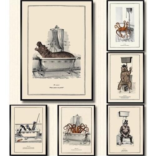 Funny Bathroom Toilet Decoration Canvas Painting Animal Bathtub Poster Bear Octopus Penguin Chimpanzee Retro Wall Picture Art