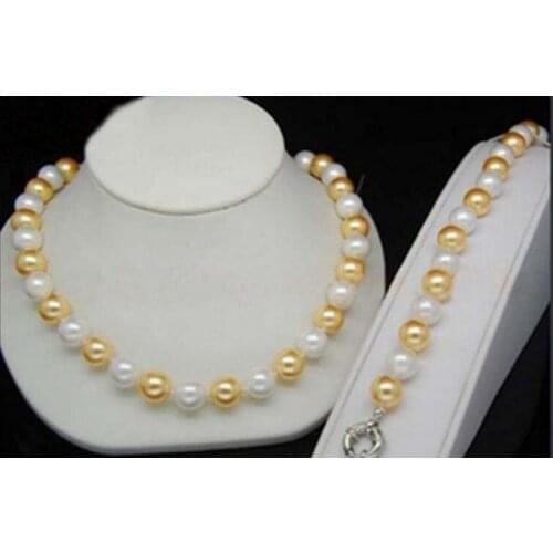 10MM Yellow & White Color Shell Pearl Necklace 18 inch Bracelet 8 inch