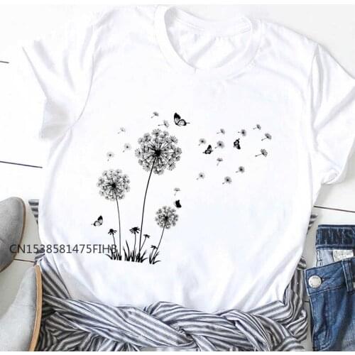 Butterfly Fly Drift In The Wind Wildflower Dandelion T-Shirt Women Summer Aesthetic Funny T Shirt Gift For Girl Basic Tshirt