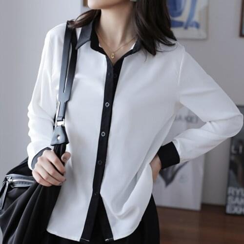 Blusas Mujer Autumn Lapel Singel Breasted Chiffon Blouse Professional Long Sleeve Womens Cardigan Splice Bottoming Shirts 11346