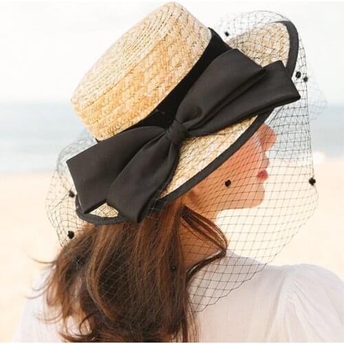 FS 2021 Bowknot Straw Hat With Veil Flat Top Fedoras Caps Big Brim Hats For Women Retro Bride Church Hats Lady Derby Cloche Cap