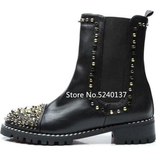 Autumn/Winter European Rivets Studded Black Leather Women Mid-calf Boots Elastic Band Short Chelsea Boots Women
