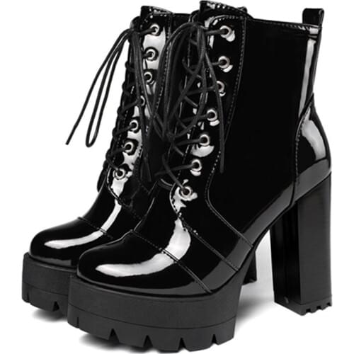 The New Women Boots Fashion Platform Square High Heel Ankle Boots Patent Leather Boots Autumn Winter Plush Woman Boots Black