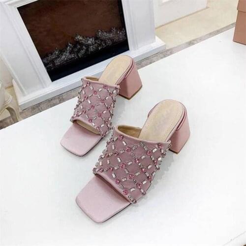 2021 Summer Women High Heels Slippers Square Toe Silk Rhinestone New Ladies Sweet Shoes Outside Slides Luxury Designer