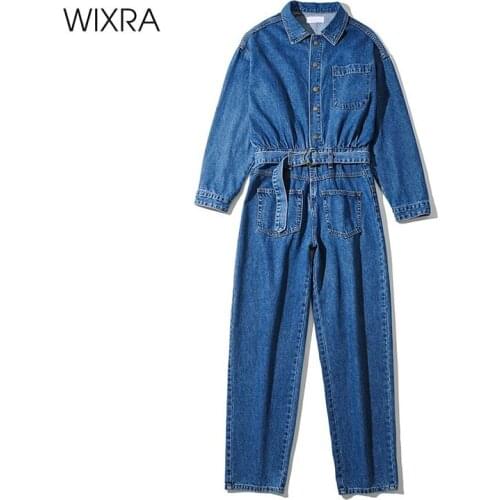 Wixra Womens Blue Denim Jumpsuits Autumn Spring Rompers Lady Casual Full Sleeve Jumpers With Belt Cool Playsuit