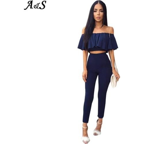 Anbenser Two Piece Women Sets Sexy Slash Neck Crop Ruffle Tops And Long Pants Set Summer Short Sleeve Two Pieces Feminino