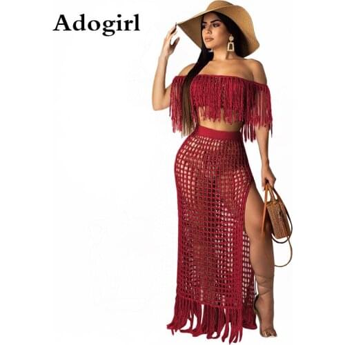 Sexy Tassel 2 Piece Suit Beach Cover Up Women Crochet Hollow Out Tassel Off Shoulder Tops+Long Skirts Bikini Bathing Suit