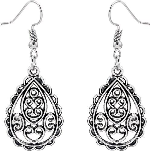 1 Pair Tibetan Silver Filigree Water Drop Charms Pendants Earrings With Big Hook Women Jewelry