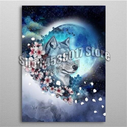 5d Diy Diamond Painting Cross Stitch Embroidery wolf and sakura in the moonlight Handmade animals Mosaic Full Rhinestone Gifts