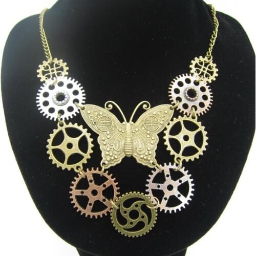 Big Brass OX Butterfly With Different Gears Around Gothic Steampunk Necklace Vintag Jewelry
