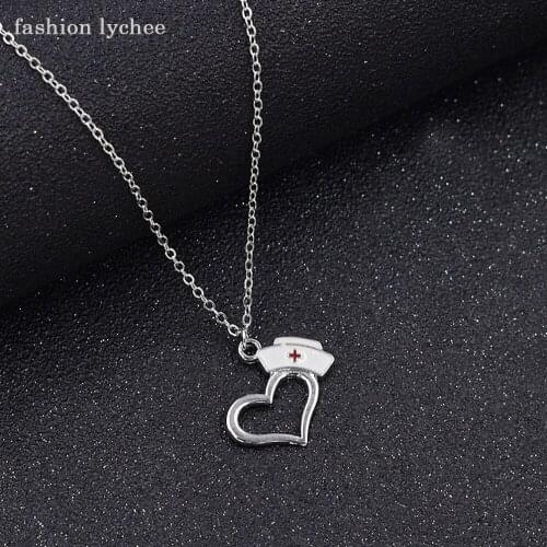 Fashion lychee Red Cross Nurse Hat Love Heart Pendant Necklace For Women Lovely Fashion Silver Color Link Chain Necklace
