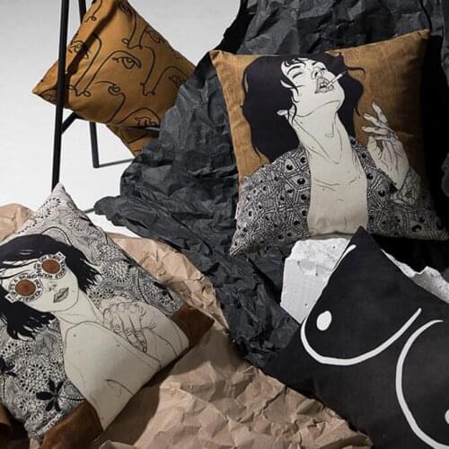 Nordic Illustration Art Cushion Cover Soft Velvet Cushion Cover Throw Pillow Case Sofa Car Home Decor Zip Up Modern Fashion