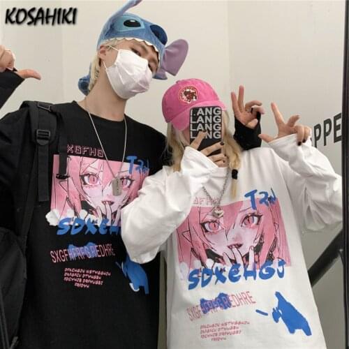 KOSAHIKI Harajuku Anime Printed T Shirt Women Men Hip Hop Harajuku Loose Long Sleeve T Shirt Streetwear Tees 2021 T-shirts