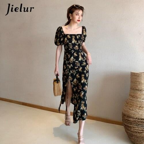 Jielur Elegant Retro Print Womens Dress Square Collar High Waist Side Spilt Dresses Sexy Party Attractive Black Dress Vestidos
