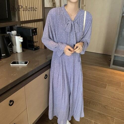 JulyPalette Casual Chiffon Dot Printed Dress For Women 2021 Spring Summer Bow neck Flare Sleeve Party Dress Women Vestidos Dress