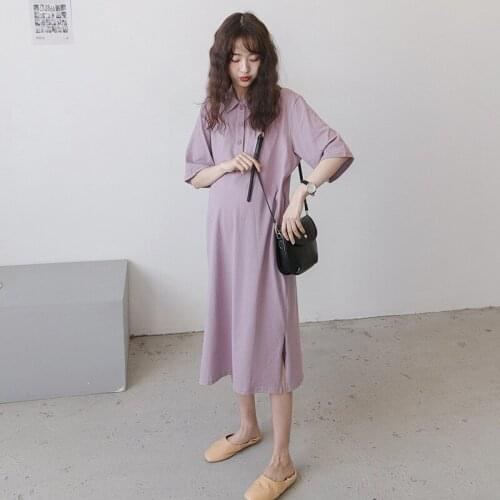 Summer Maternity Solid Color Dresses Expectant Mother Turn-down Collar Button Dress Pregnant Women Loose Dress Pregnancy Clothes