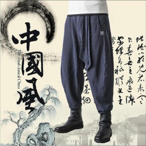 M-4xl! 2020 New Cozy Linen Casual Pants Mens Vintage Embroidery Loose Fluid Wide Leg Pants Harem Pants Bloomers Singer Trousers