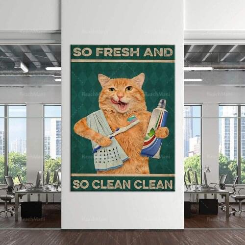 Funny orange cat is brushing teeth and washing face poster, family living room bathroom art wall decoration poster