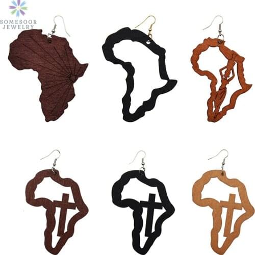 SOMESOOR Vintage African Map Wood Drop Earrings Laser Engraved God Cross Afrocentric Ethnic Art Jewelry For Women Gift Mix 6Pair
