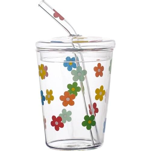 Straw Cups Water Cup with Straw Glass Cups Flower Pattern Beverage Cup with Dust Cover Drinking Cup Kitchen Accessories