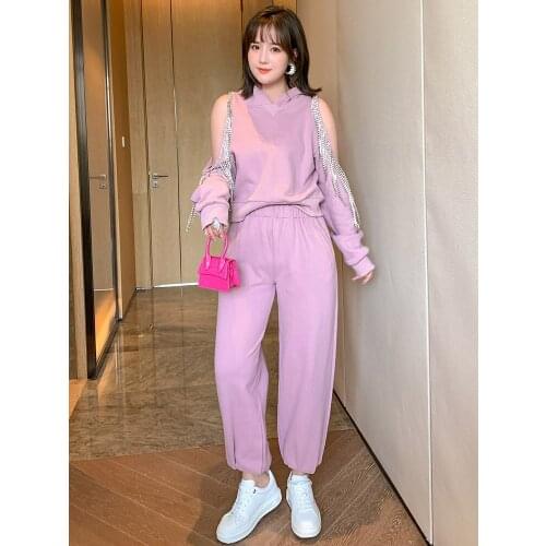 Rhinestone fringe off-shoulder hooded s1000weater + thin wide-leg pants suit womens autumn and winter new Plus sizes large size