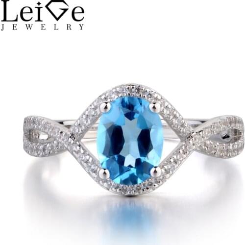 Leige Jewelry Swiss Blue Topaz Rings For Women Sterling Silver 925 Wedding Engagement Ring Oval Cut Blue Gemstone Jewelry