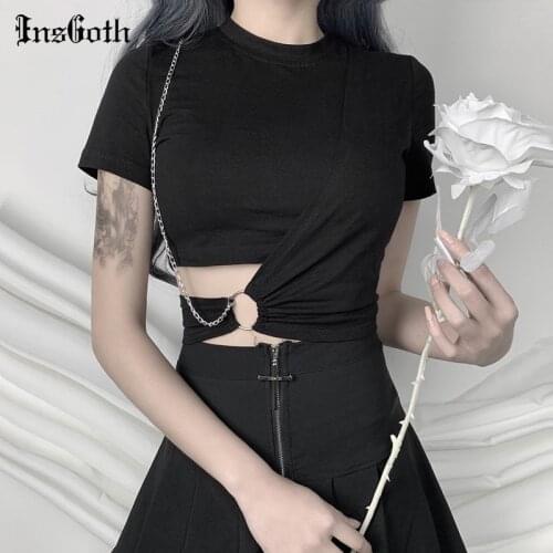 InsGoth Streetwear Black T-shirts Women Harajuku Punk Tees Gothic Sexy Hollow Out Tops Summer Fashion
