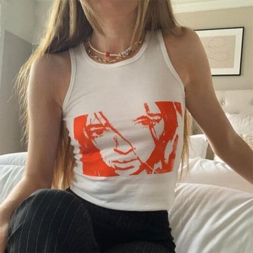 Women Summer Sleeveless Cropped Tank Top Harajuku Anime Portrait Print Camis Vest Round Neck Racerback Slim Fit Blouse Streetwe
