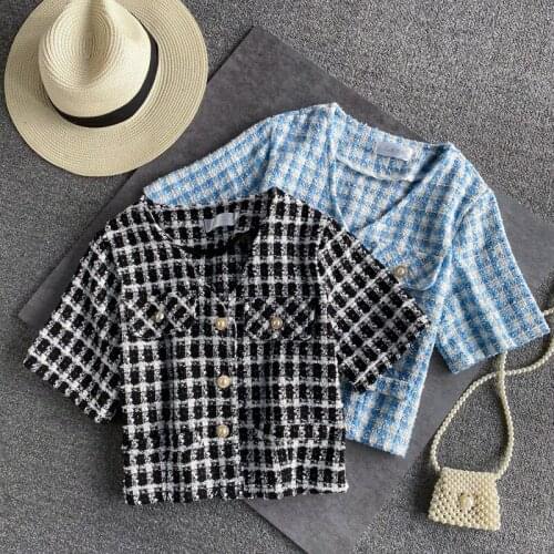Summer Thin Woolen Coat&Jacket Summer New V-neck Short Sleeve Plaid Tweed Jacket Women Thin Wild Crop Tops Outwear