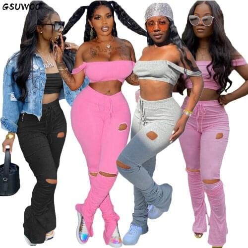 Gsuwoo Women Hole Slit Flared Pants Two Pieces Sets Tank Crop Top and Drawstring Stacked Pants Outfits Summer Streetwear Clothes