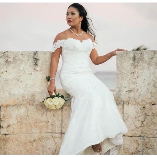 Off The Shoulder Wedding Dress Lace Appliques White Ivory Bridal Dress Full Length Mermaid Style Lace Up Back Vestido De Novia