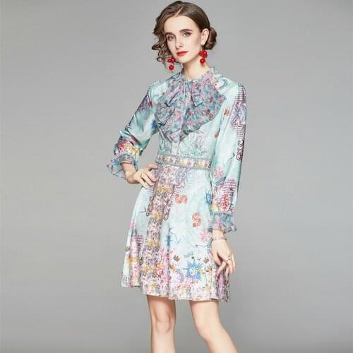 2021 Fashion Designer New Summer Dress Women Ruffled Butterfly Collar Short Sleeve Floral Print Vintage Slim A-Line Dress