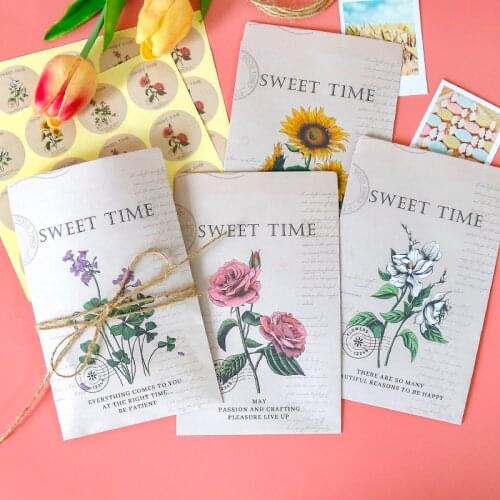 12sets Floral Gift Bags Retro Rose Sunflower Candy Treat Bag with Sweet Time Sticker Valentines Day Wedding Party Favor Package